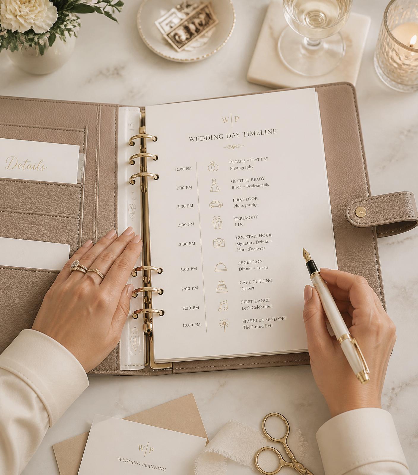 Wedding planner hand-writing a timeline in a leather-bound binder